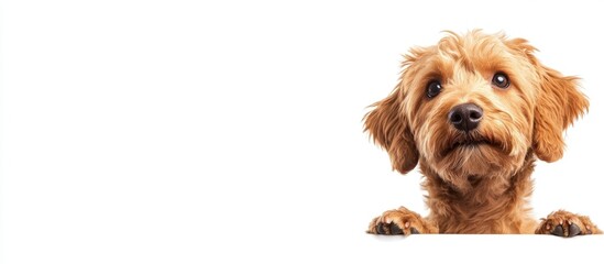 Golden retriever poodle mix dog peeking with blank space for text perfect for advertising or promotional purposes