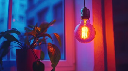 Vintage Light Bulb Illuminating Indoor Space with Colorful Ambiance and Plant Background