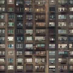 A tall urban apartment building presents a close-up view of its facade, revealing numerous windows and air conditioning units. The diverse design of each window highlights the vibrant city life