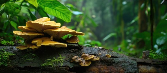 Mushroom fungus growing on decaying wood surrounded by lush vegetation in the Atlantic Forest of Sao Paulo Brazil