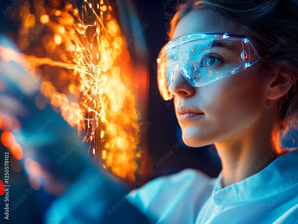 Poster futuristic climate research young female scientist in innovative lab analyzing data on digital inter