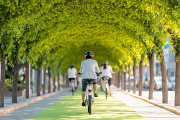 Obraz premium Eco-Centric Urban E-Biking Riders on Sustainable E-Bikes Along Lush, Leafy Corridors in South Korea - Green Mobility Content for Urban Planning and Eco-Friendly Travel Campaigns