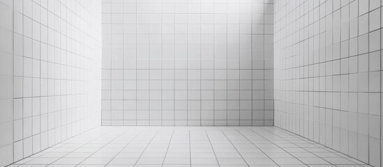 Minimalist bathroom interior with white vertical tiles and ample empty space for text or design elements