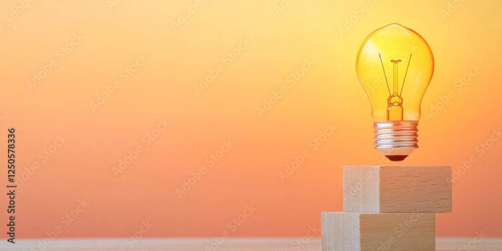 Poster scandinavian-inspired business innovation wooden blocks with lightbulb icons on minimal desk - idea 