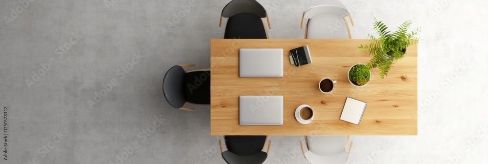 Poster scandinavian minimalist desk layout wooden surface with laptops and coffee mugs in urban office - mo