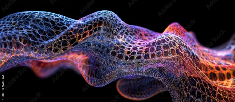Poster Abstract mesh texture with reflections and vibrant colors on a black background creating a dynamic visual flow and depth.