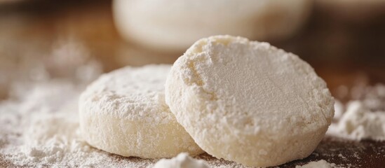 Homemade English Muffins Flour Close Up with Text Space Freshly Baked Breakfast Ingredients Gourmet Baking Concept