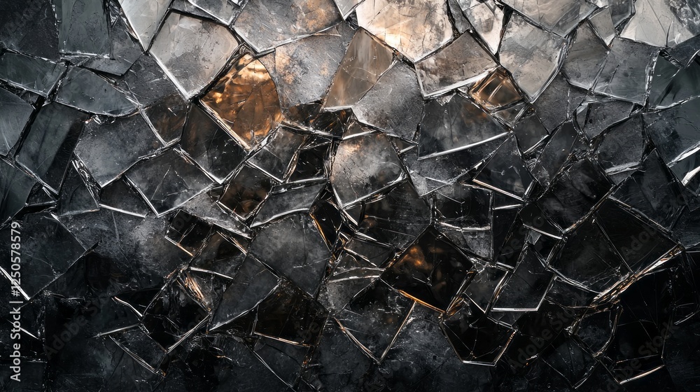 Aufkleber Cracked and fractured pieces of glass form an abstract tapestry of sharp lines and shimmering reflections, creating a striking visual contrast against a dark surface, illuminated softly from behind