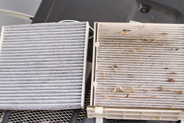 Side-by-side of clogged air filter and new performance air filter