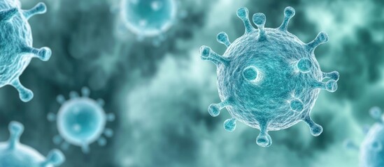 Macro view of coronavirus structure with a blurred background and ample space for text or graphic overlay in a scientific context