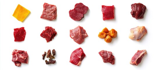 Various cuts of meat arranged on a white background showcasing diverse types and textures for culinary and food presentation use.