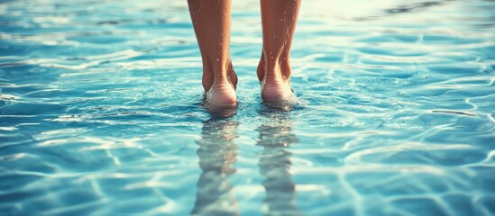 Feet submerged in clear water with beautiful reflections, creating a serene atmosphere and ample space for text overlay.