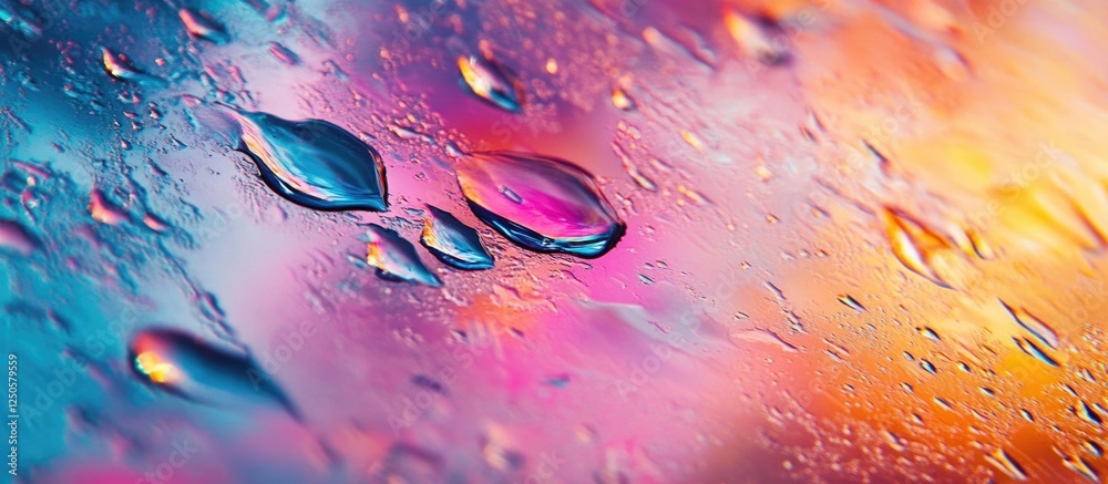 Poster macro closeup of rain droplets on glass with colorful bokeh effects creating a vibrant weather backd