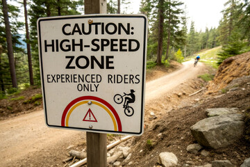 A caution sign warns of a high-speed zone for experienced riders only, situated along a forested dirt trail.