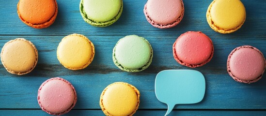 Obraz premium Colorful assorted macarons with a speech bubble on a rustic blue wooden background showcasing tasty dessert options and vibrant flavors