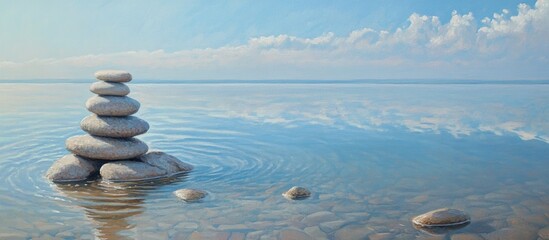 Meditation stones stacked by tranquil lake under serene sky with gentle waves reflecting calmness and harmony in nature.