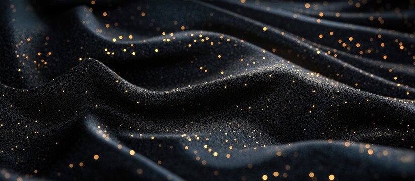 Elegant black glamour fabric background adorned with sparkling golden highlights ideal for luxury-themed designs and events