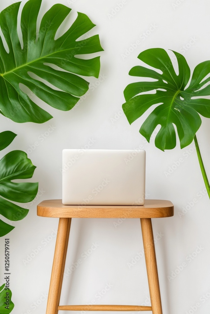 Poster nordic minimalist desk setup sleek laptop on oak stool with monstera backdrop - modern content for r