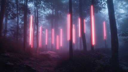 Surreal illuminated tubes in foggy forest creating a magical atmosphere of innovative technology and growth amid nature's mystique.