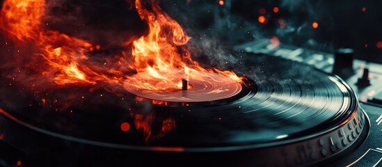 Vinyl Record on Turntable with Flames and Smoke Creating a Dramatic Music DJ Concept in a Dark Background Setting
