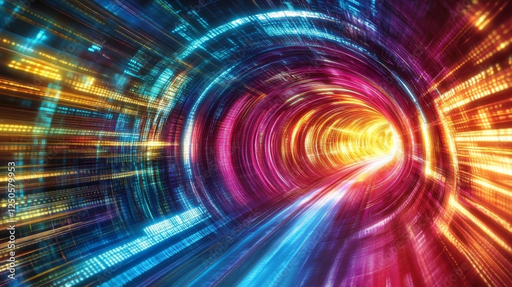 Poster merging neoncolored data streams into a digital realm virtual space visual art cyber environment abs