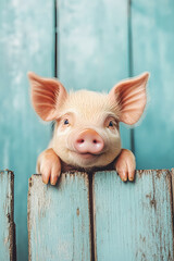 A cute little pig with big ears sticking its head out from behind the edge of an old wooden fence, against a blue background. The pig has soft fur and is looking at you curiously with playful 