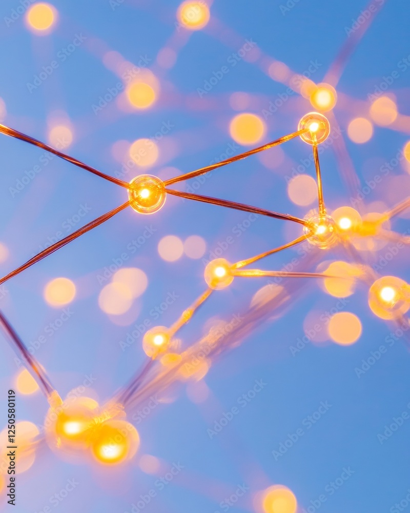 Aufkleber Neon Tech Network Visualization Illuminated Grid Nodes and Connection Threads Against Sky Blue - Innovative Digital Architecture for Modern Business Efficiency