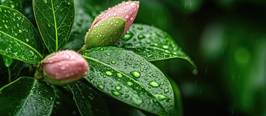 Pink magnolia buds with raindrops resting on lush green leaves in a natural background setting. Beautiful close-up nature photography.