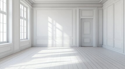 Fototapeta premium Bright Minimalist Interior Design Featuring White Walls and Wooden Flooring with Abundant Natural Light