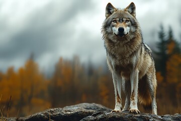 Obraz premium A wolf standing on top of rocks with dark clouds in the background, dramatic lighting, photorealistic National Geographic style.