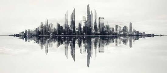 Fototapeta premium Skyscrapers in modern cityscape reflected in mirror-like water with negative space suitable for text overlay and creative designs