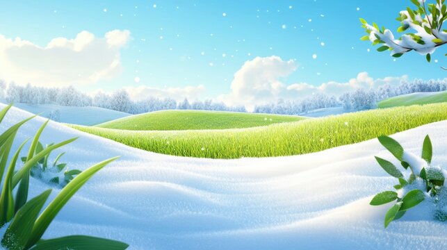 Lush winter field with green grass under fresh snow in hilly landscape featuring clear blue sky and frosty trees on a tranquil day