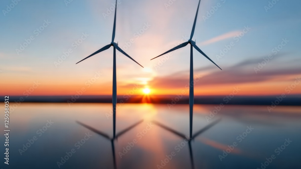 Poster dynamic sunset aesthetic smart grid graph with metallic power towers and turbines for modern energy 