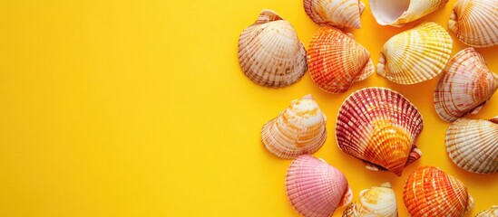 Fototapeta premium Colorful sea shells arranged on a vibrant yellow background showcasing a tropical beach theme and decorative coastal elements.