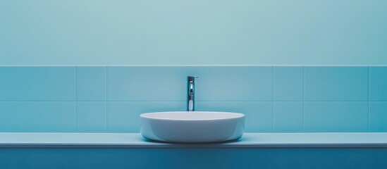 Modern minimalist bathroom with sleek sink faucet and serene blue decor perfect for text overlay. Ideal for interior design inspiration.