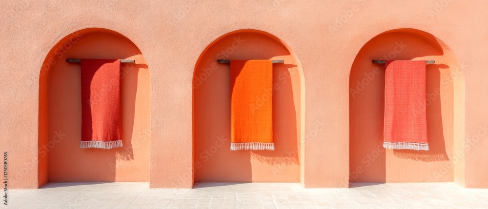 Aufkleber minimalist textile display vibrant woven fabrics in archways - cultural commerce and stylish design 