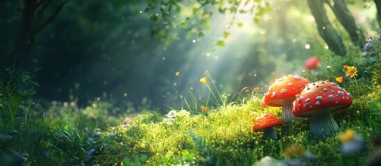 Vibrant mushrooms nestled in lush green grass illuminated by sunlight in a serene forest setting
