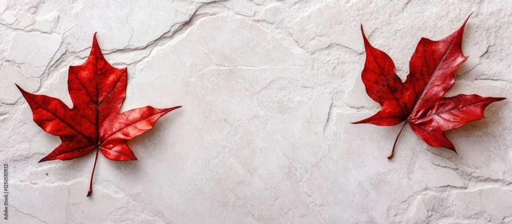 Poster red maple leaves arranged on textured tile background with empty space for design or text above and 