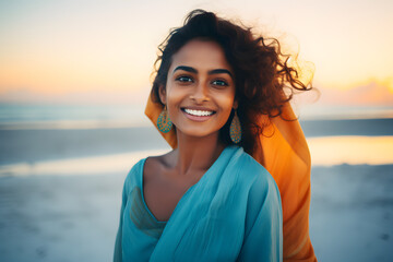 Vibrant Minimalist Portrait of a Woman at Sunset on the Beach
