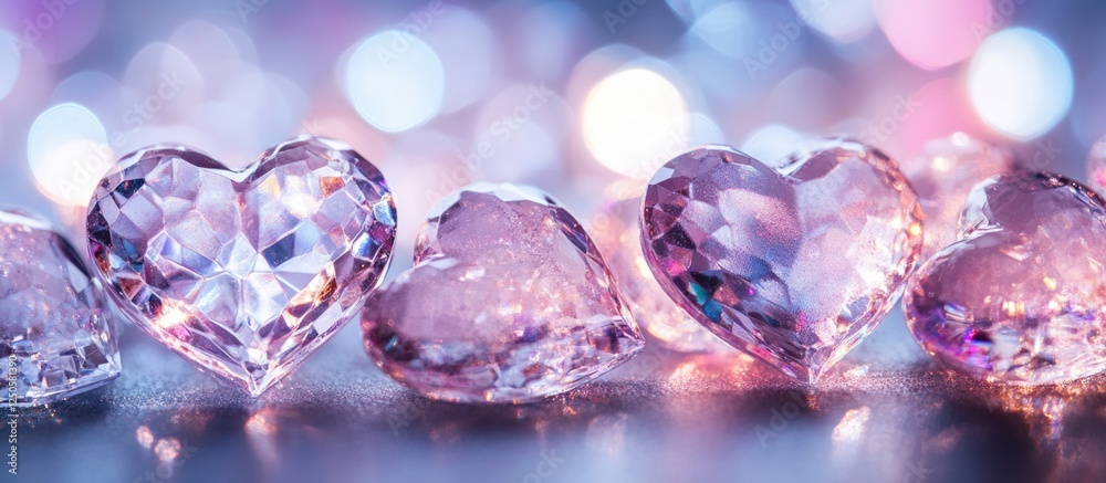 Poster macro view of sparkling crystal hearts with soft bokeh background and ample blank space for custom t