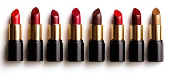Obraz premium Melting lipsticks in a row on a clean white background showcasing vibrant colors and textures of cosmetic products