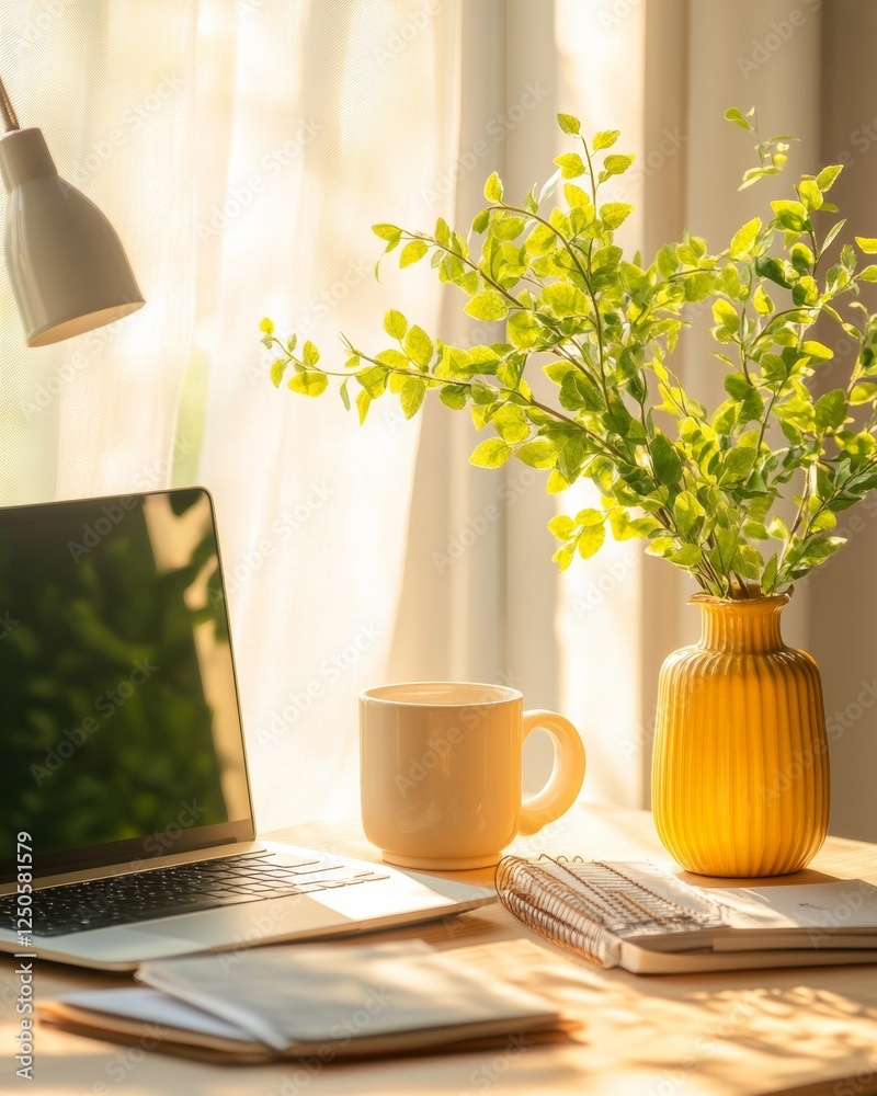 Aufkleber sunlit minimalist home desk yellow ceramic vase with greenery, laptop and notebooks - inspiring remo