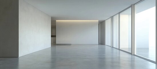 Fototapeta premium Modern minimalist apartment interior with spacious empty area for text and bright natural light streaming through large windows.
