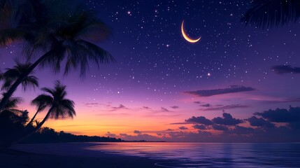 Panoramic dark blue twilight sky with crescent moon and shining star for ramadan kareem, eid mubarak, eid al-adha, eid al-fitr, and islamic new year background design, symbolizing peace, spirituality,