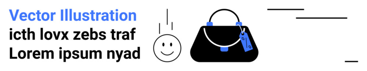 Black handbag with blue accents next to a happy face and clean design lines. Ideal for fashion, style, positivity, simplicity, modern branding, minimalism, flat landing page banner