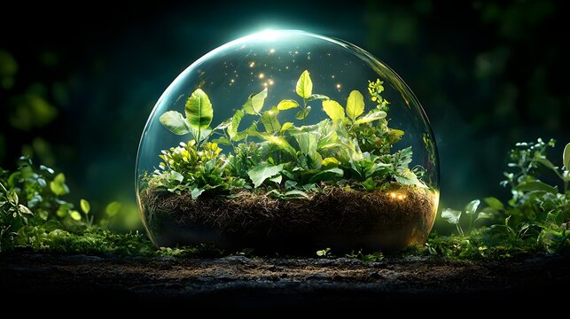 Miniature self sustaining ecosystem encapsulated in a transparent glass globe displaying a preserved natural world of lush green plants moss and foliage  This botanical terrarium creates a serene