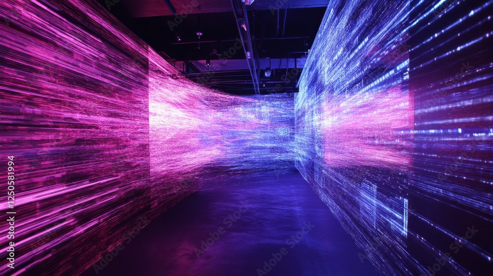 Poster merging neonlit data strands digital horizon visual art virtual reality futuristic data visualizatio