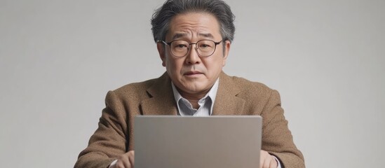 Middle aged Asian businessman at home looking at laptop with serious expression and empty space for text in professional workspace setting