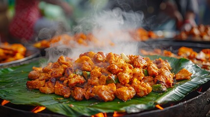 Authentic Street Food Delicacies Served on Banana Leaf at Vibrant Local Market