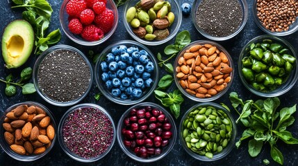 A vibrant display of organic superfoods arranged in glass bowls highlights the beauty of fresh blueberries, nuts, and colorful berries against a sleek black surface